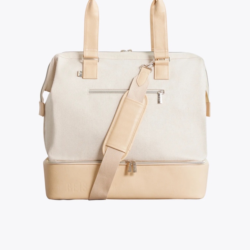 BEIS Cream and Tan Duffel Bag with Structured Design